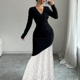 Elegant Black & White Symphony Maxi Dress - V-Neck, Long Sleeve with Lace Detail, Stretchy Polyester Blend, Machine Washable - Chic Adult Knit Dress for Spring/Summer voguable