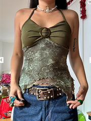 Y2K Tribal Print Green Cami Top with Metal Buckle and Ruched Halter Neck, Polyester Spandex Blend, High Stretch Knit Fabric, Pullover Slingback Style for Spring/Summer/Fall voguable