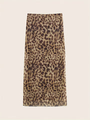 1pc Elegant Leopard Print Long Skirt for Women, 100% Polyester Knit Fabric, Versatile Office Wear, All-Season, Long-Length Pencil Skirt voguable