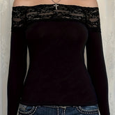 Y2K Elegant Lace Stitching One-Shoulder Fit Long Sleeve Top for Targeted voguable