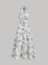 Print Women's Vintage Blue Floral Porcelain Dress - Halter Neck, Backless, A-Line, Long Dress with Ruffled Detail - Perfect for Spring/Summer/Fall Events, Casual & Semi-Sheer Polyester, Machine Washable voguable