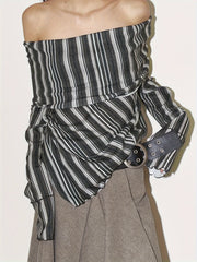 Chic French Street Style Striped Off-Shoulder Top with Ruched Detail - Long Sleeve, Polyester Blend, Machine Washable - Elegant & Unique Women's Spring/Fall Fashion, Autumn Casual Wear|Chic Offshoulder Top|Polyester Blend Top voguable