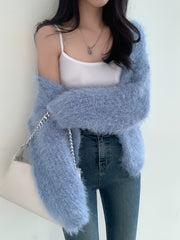 Lazy V-Neck Sweater Coat Imitation Mink Long Sleeve Knit Cardigan Woman voguable