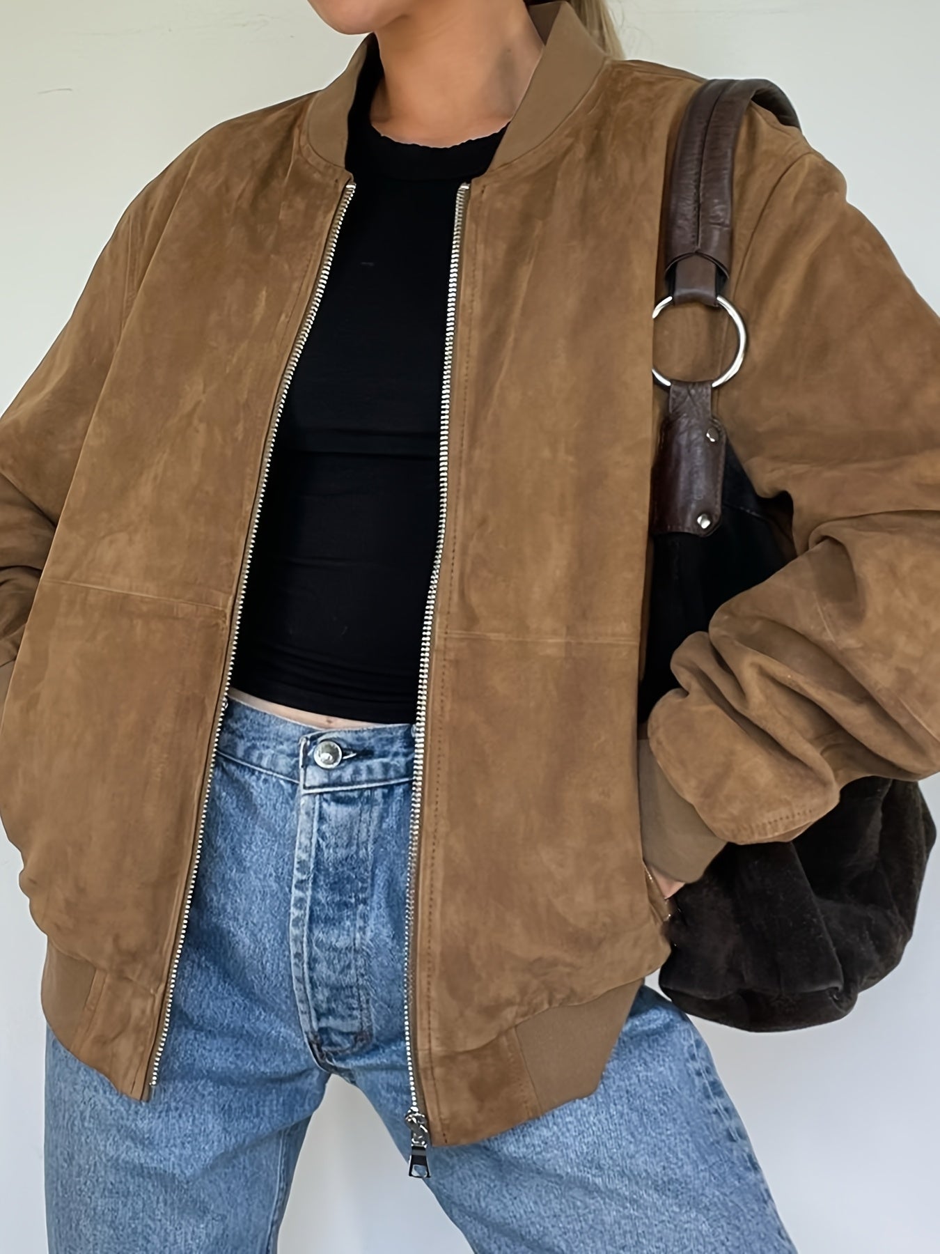 Women's Vintage-Inspired Brown Faux Suede Jacket - Cozy Zip-Up Bomber with Pockets, Stand Collar, Long Sleeves for Fall & Winter Streetwear voguable