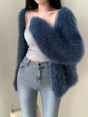 Lazy V-Neck Sweater Coat Imitation Mink Long Sleeve Knit Cardigan Woman voguable
