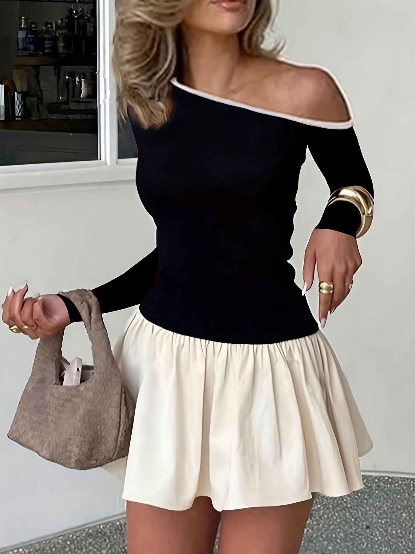 Cold Shoulder Contrast Trim Slim-Fit T-shirt, Elegant Long Sleeve Top For Fall & Winter, Women's Clothing voguable