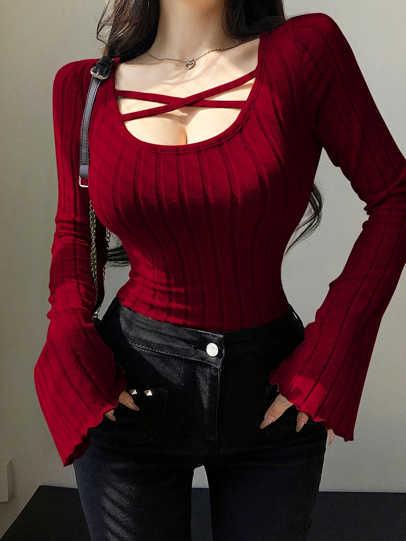 Crisscross Scoop Neck Skinny Top, Casual Solid Color Long Sleeve Ribbed Top For Spring & Fall, Women's Clothing voguable