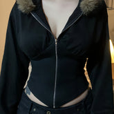 Stylish Slim Fit Black Hoodie - Elegant Chic Faux Fur Trim, Long Sleeve, Polyester Blend, Machine Washable - Cozy for Fall/Winter voguable
