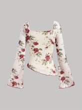 Elegant Women's Floral Print Blouse with Square Neckline and Red Ribbon Tie - Long Sleeve, Asymmetrical Hem, Polyester, Machine Washable voguable