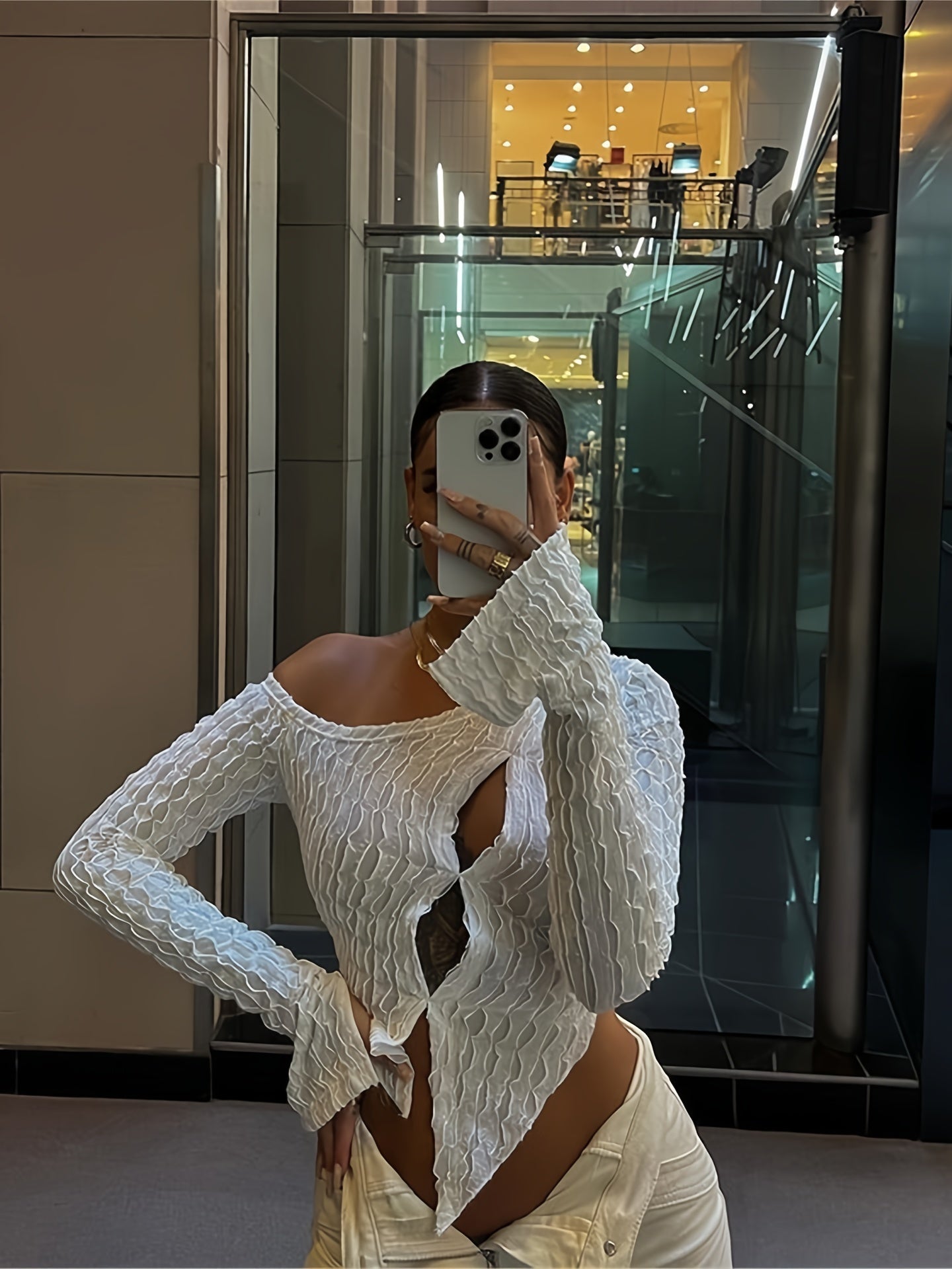 Off Shoulder Cutout Slim Tops, Mature Texture Slanted Shoulders Long Sleeve Fits Tunics Tops, Women's Clothing voguable