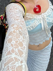 Chic Y2K-Inspired Sheer Lace Cropped Cardigan with Ruffle Hem - French Style Sexy Bell Sleeve V-Neck, Polyester Blend, Machine Washable - Versatile All-Season Fashion Top voguable