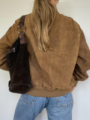 Women's Vintage-Inspired Brown Faux Suede Jacket - Cozy Zip-Up Bomber with Pockets, Stand Collar, Long Sleeves for Fall & Winter Streetwear voguable