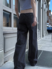 1pc Women'S Casual Solid Color Drawstring Pocketed Straight-Leg Woven Pants, Polyester Blend, Comfort Fit for All-Season voguable