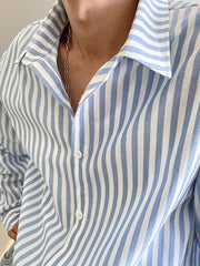 Men's Stylish Blue & White Striped Long Sleeve Shirt - Casual, Lightweight Polyester for Outdoor Activities gotmes-shop