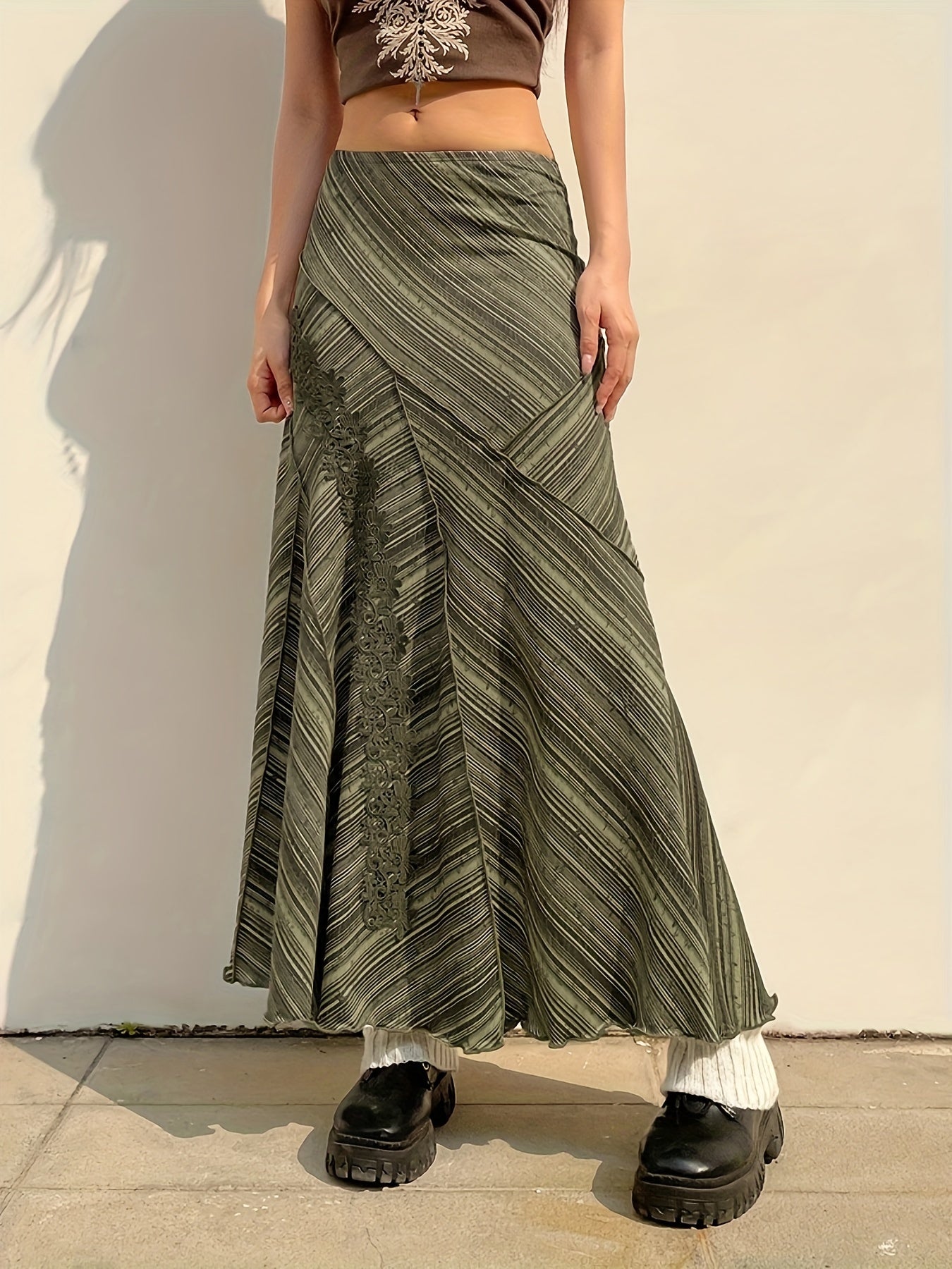 Striped Lace Stitching Skirt, Y2K Ruffle Hem Maxi Skirt, Women's Clothing voguable
