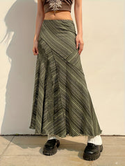Striped Lace Stitching Skirt, Y2K Ruffle Hem Maxi Skirt, Women's Clothing voguable