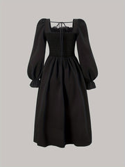 Women's targeted square collar lace patchwork chest pleated V-shaped waist metal eyelet drawstring lantern long-sleeved back wrap dress voguable