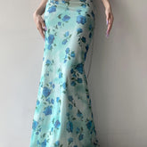 Vintage Floral Print Mesh Long Skirt with Bow - Retro Y2K Aesthetic - Women's Fashion - Polyester Blend - Knit Fabric - Seasonal All Year Round - Exclusive Collection voguable