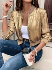 Everyday Comfort, Elegant Women's Pink Metallic Bomber Jacket - Long Sleeve, Zip-Up with Baseball Collar, Polyester Blend, Machine Washable for Spring & Fall Fashion, Spring Jacket|Glossy Finish Jacket|Polyester Blend Jacket voguable