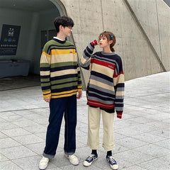 Voguable 2022 Winter Men And Women's ins All-match knitwear Pullover Striped Patchwork Panelled Warm Sweaters Soft All-match Retro Harajuku Trendy Male Chic Streetwear Fall Tops voguable