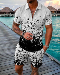 Voguable New Men's Cotton Linen POLO Shirt Short Sleeve T-Shirt + Shorts Fashion Fitness Striped Sports Suit Casual Street 2 Piece Set voguable