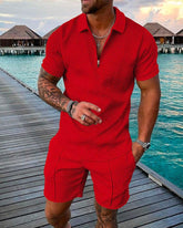 Voguable Men's Athleisure Short Sleeve Zipper Polo Shirt Shorts Set 2 Piece Set 2 Summer New Men's Cotton Short Sleeve T-Shirt + Shorts voguable
