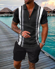 Voguable New Men's Cotton Linen POLO Shirt Short Sleeve T-Shirt + Shorts Fashion Fitness Striped Sports Suit Casual Street 2 Piece Set voguable