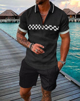 Voguable T-Shirt 2 Piece Summer New Men's Cotton Short Sleeve Shorts Men's Sportswear Casual Zipper Polo Shirt Set Solid Color Plaid voguable