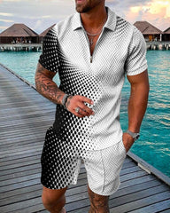 Voguable Fashion T-Shirt Solid Color Suit Sports Beach Casual Men Solid Color Luxury Zip Polo Shirt and Shorts High Quality Men's Suit voguable