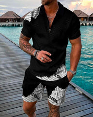 Voguable T-Shirt 2 Piece Summer New Men's Cotton Short Sleeve Shorts Men's Sportswear Casual Zipper Polo Shirt Set Solid Color Plaid voguable