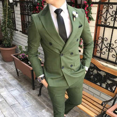 Voguable Double Breasted Slim fit Men Suits 2 piece Army Green Wedding Groom Tuxedos for Prom 2020 Man Fashion Clothes Set Jacket Pants voguable