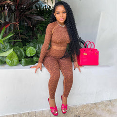 Voguable 2022 Summer Print Long Sleeves Slim Navel Top Leggings Set Bodycon Sexy Party Elegant Club Y2K Robe Beach voguable