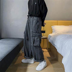Voguable Men's Denim Trousers Straight Wide-leg Overalls Autumn And Winter Women's Loose Student Hong Kong Style Big Pocket Couple Pants voguable