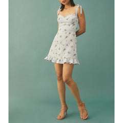 Casual Dresses For Women Elegant Sweetheart Neck Sleeveless Tie Strap Summer Dress Floral Print Plaid Ruffle Hem Mini Dress voguable