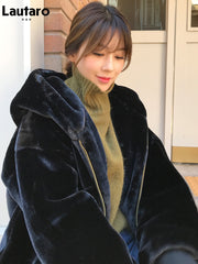 Voguable  Winter Fluffy Warm Soft White Oversized Faux Fur Jacket Women Long Sleeve Black Zip Up Faux Fur Sweatshirt Korean Hoodie voguable