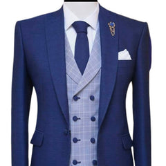 Voguable 3 Piece Blue Men Suits for Wedding Peaked Lapel Groom Tuxedo Male Fashion Set Jacket Plaid Vest with Pants New Arrival 2021 voguable