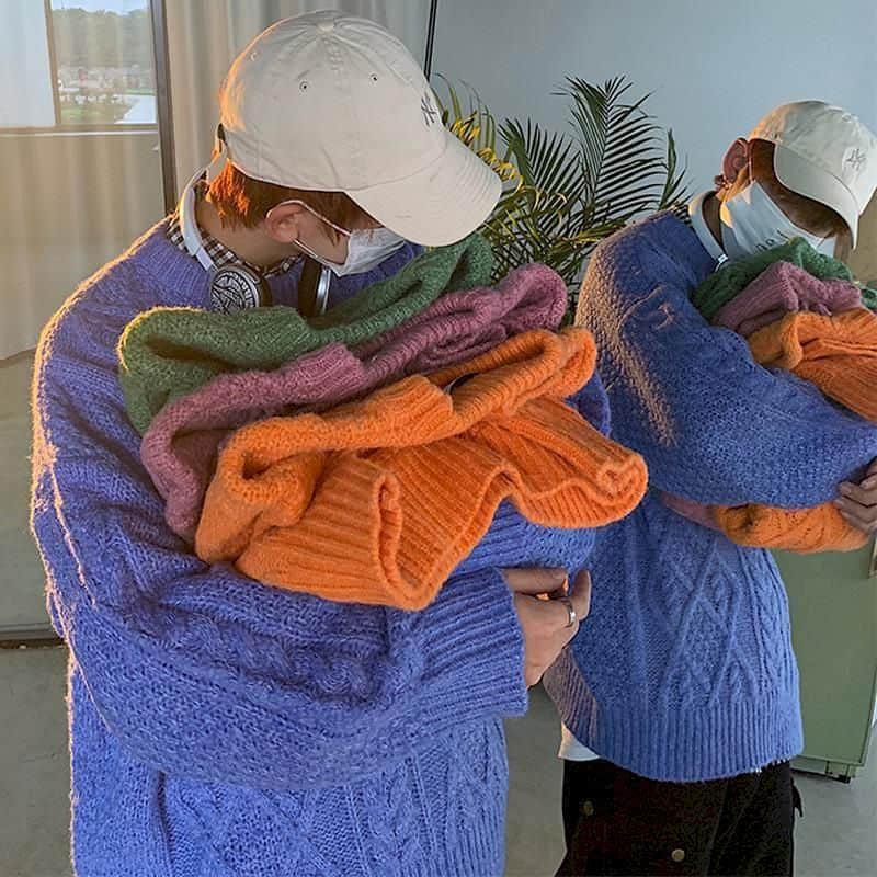 Voguable y2k Jerseys Autumn winter Korean solid color warm sweater men simple Japanese O-neck pullover all-match lovers knit sweater top voguable