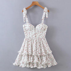 Voguable  Summer Sexy Sling Dress Women Floral Print Layer Ruffle Cake Mini Dress Sweet Ladies Holiday Party Short Robe Chic Vestido voguable
