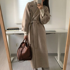 Autumn Winter Women Long Woolen Coat with Belt Long Sleeve Turn Down Collar Warm Vintage Manteau Femme Casual Ladies Jacket voguable