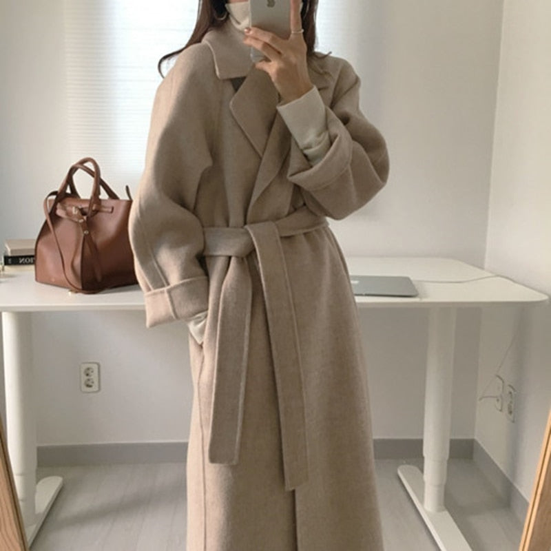 Autumn Winter Women Long Woolen Coat with Belt Long Sleeve Turn Down Collar Warm Vintage Manteau Femme Casual Ladies Jacket voguable