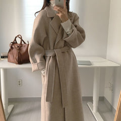 Autumn Winter Women Long Woolen Coat with Belt Long Sleeve Turn Down Collar Warm Vintage Manteau Femme Casual Ladies Jacket voguable