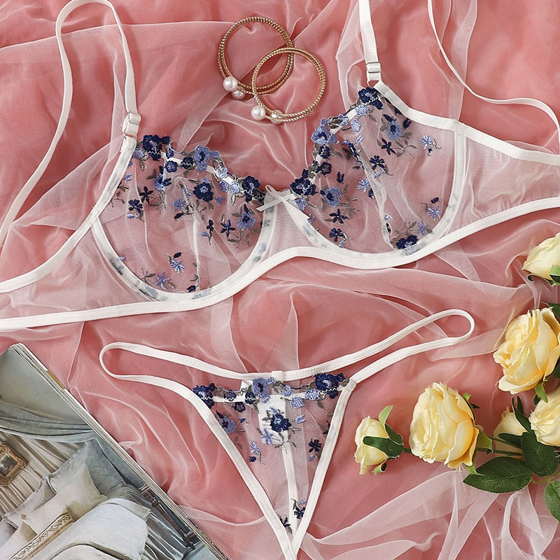 Voguable 2-Piece Floral Bra Set Women Transparent Bra Underwire + Thong Underwear Set Ladies Sexy Lingerie Set voguable