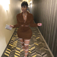 Voguable   2022 long sleeve satin V-neck wrapped crop tops skirt 2 pieces set autumn winter women pure pink party streetwear track voguable