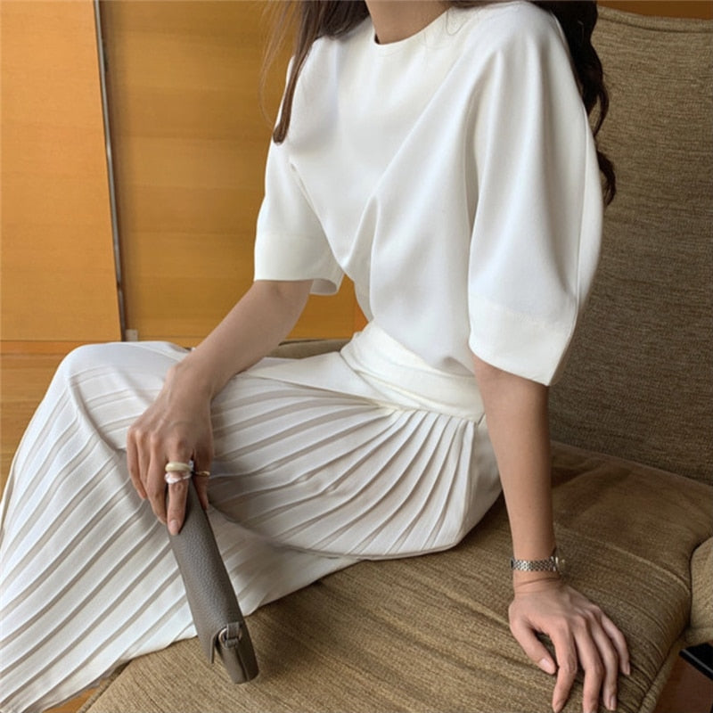Summer Korean Skirt Suits Women Two Piece Set Short Sleeve O-neck Top + High Waist Long Pleated Skirt 2 Piece Outfits Elegant voguable