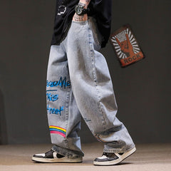 Voguable Rainbow Jeans Men Hip Hop Blue Pants Fashion Retro Baggy Jeans Harajuku Summer High Street Casual Hip Hop Pant Streetwear Males voguable
