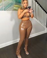 Voguable Pu Leather Halter Hollow Out Crop Top High Waist Slim Leggings 2 Pcs Matching Sets Fall Women Fashion Streetwear voguable