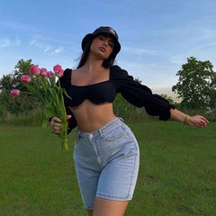 Voguable Square Collar Fashion Wave Lantern Sleeve Blouse Shirts Sexy Backless Summer Cropped Top Blouse Women Blusas Chic voguable