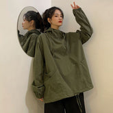 Oversized Women's Hooded Shirt Unisex Tactical Korean Loose Techwear Windbreaker Jacket Trend Mid-length High Street Punk Tops voguable