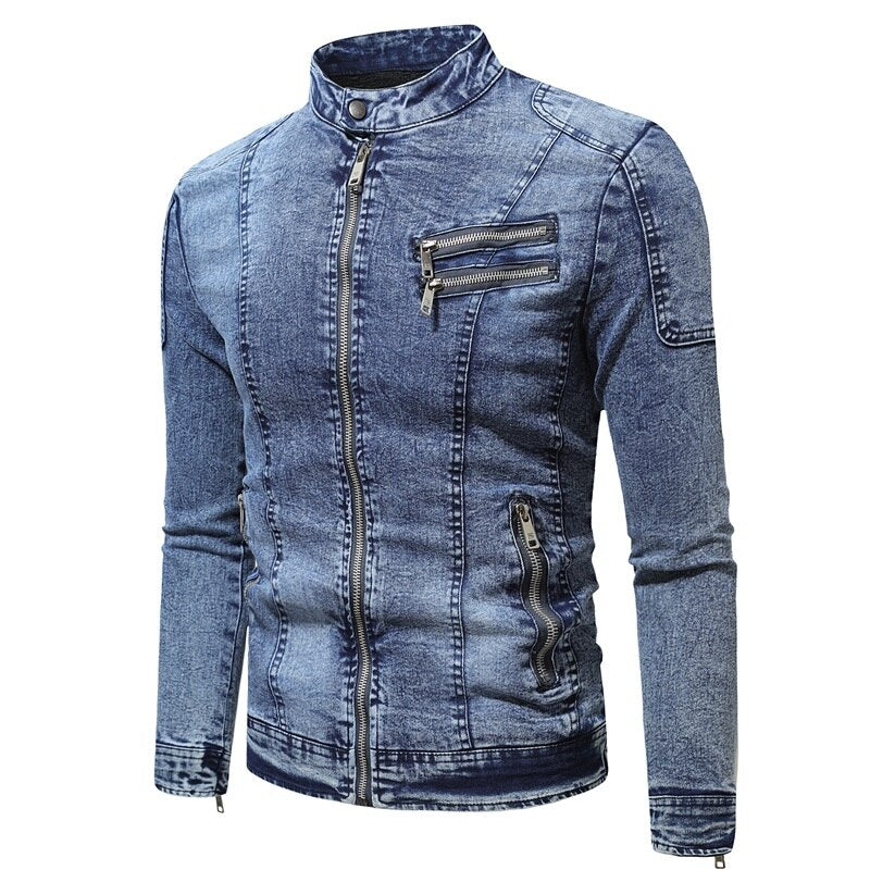 Voguable New Motorcycle Denim Jacket Men Retro Zippers Stand Collar Denim Coats Mens Cotton Slim Fit Denim Jacket Moto Biker Outerwear voguable