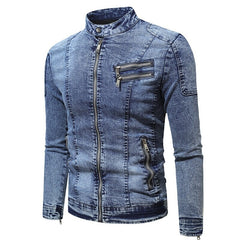 Voguable New Motorcycle Denim Jacket Men Retro Zippers Stand Collar Denim Coats Mens Cotton Slim Fit Denim Jacket Moto Biker Outerwear voguable